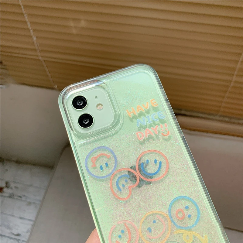 Cute Smiley Shell Glitter Hard Phone Cases For iPhone 14 13 12 11Pro Max Xs 7 8 Plus Xr X Dynamic Liquid Quicksand Cover Case
