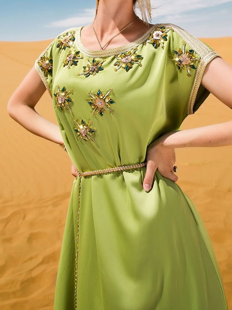 Party Long Dress Moroccan Embroidered Kaftan Women Handsewn Satin Gulf Jalabiya Arabic Evening Gown Muslim Dubai  Belted Abaya