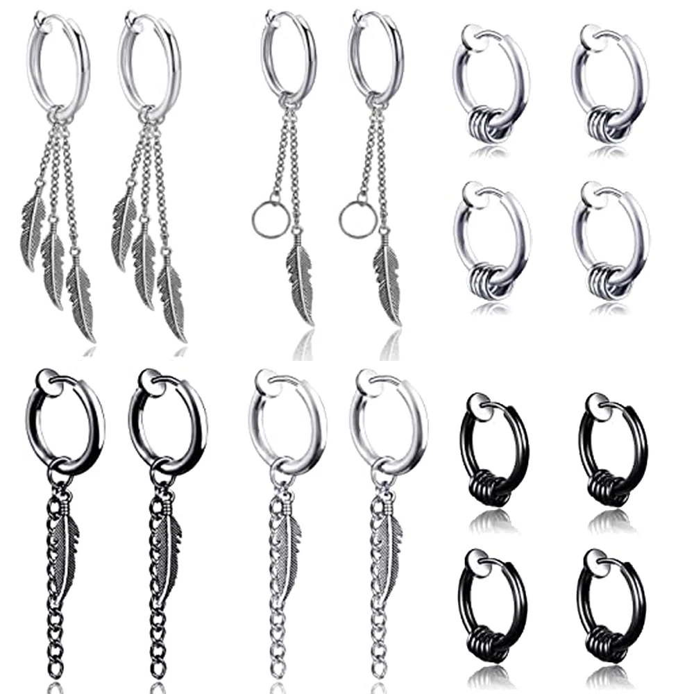 

Серьги-клипсы для мужчин 4 стиля, серьги без пирсинга, серьги-капельки с перьями, поддельные серьги из нержавеющей стали, серьги-кольца Huggie