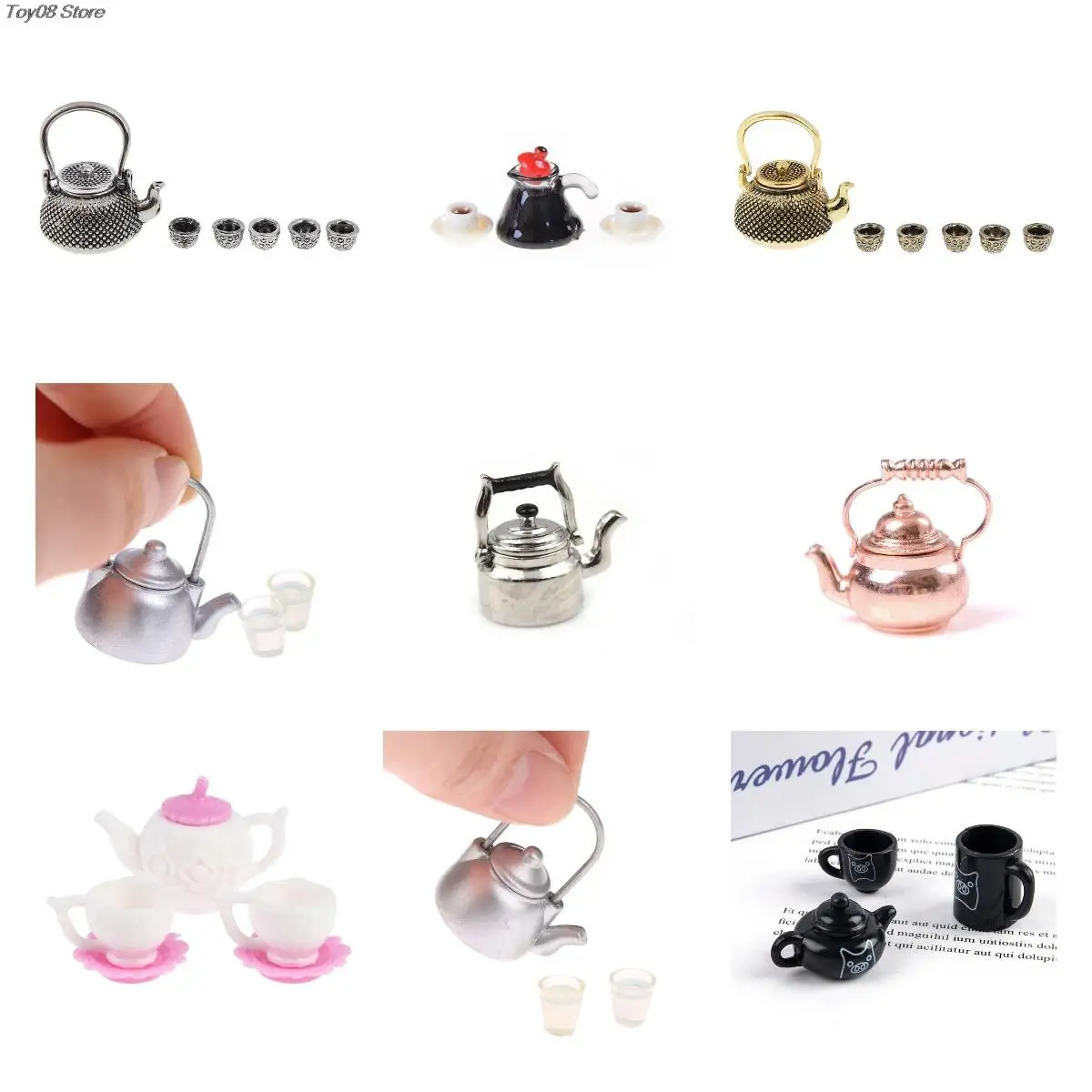 

6pcs/Set 1: 12 Dollhouse Furniture Miniature Teapot Cup Plate 1 teapot with lid+ 5Cups Dining Ware Toy Metal Tea Set