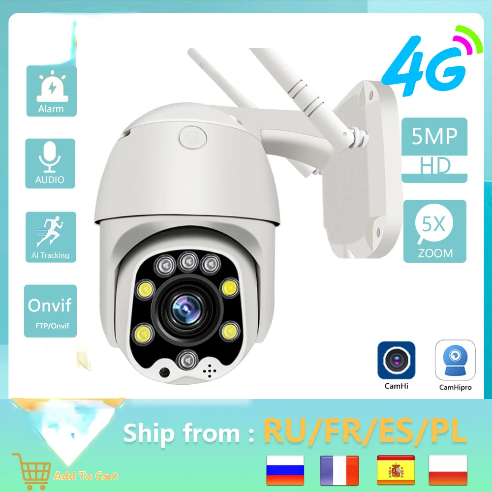 

5MP Security Protection Wireless 4G SIM Card Camera Outdoor PTZ WIFI Video Surveillance Onvif IR Night Vision 30M 2.5inch Camhi