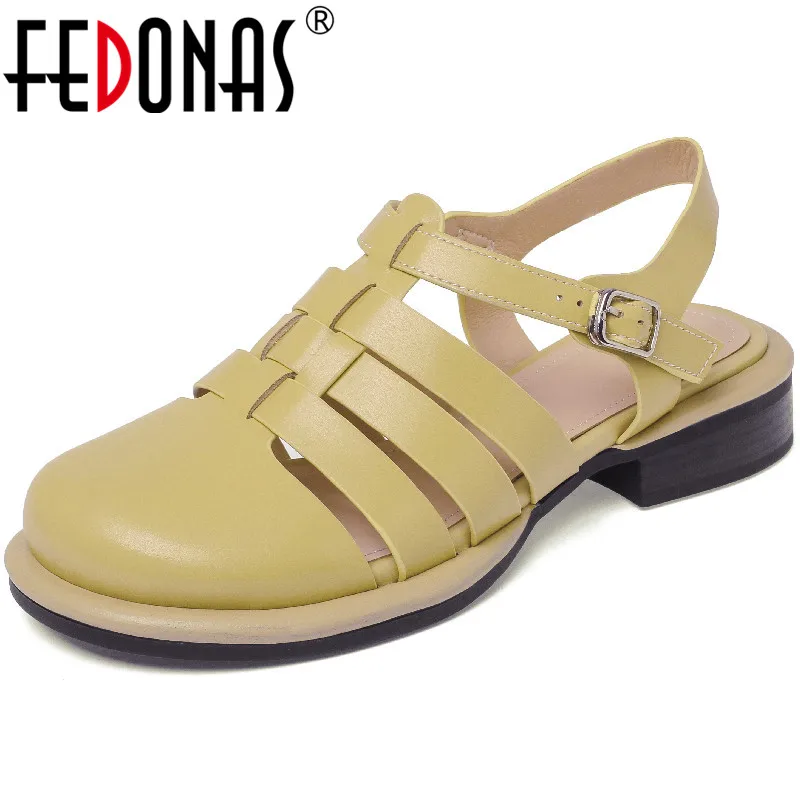 FEDONAS Summer Women Sandals 2022 Rome Style Round Toe Gladiator Genuine Leather Pumps Working Casual Chunk Heels Shoes Woman