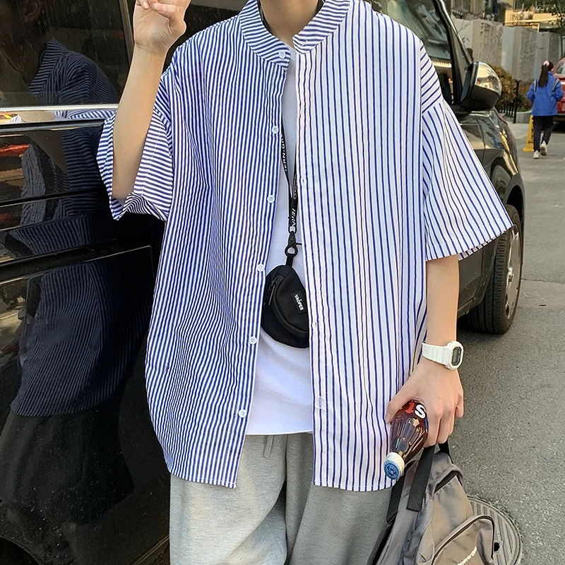 Summer Contrast Stripe Shirt Men Fashion Society Mens Dress Shirt Korean Version Loose Short Sleeve Shirts Mens Collarless Shirt