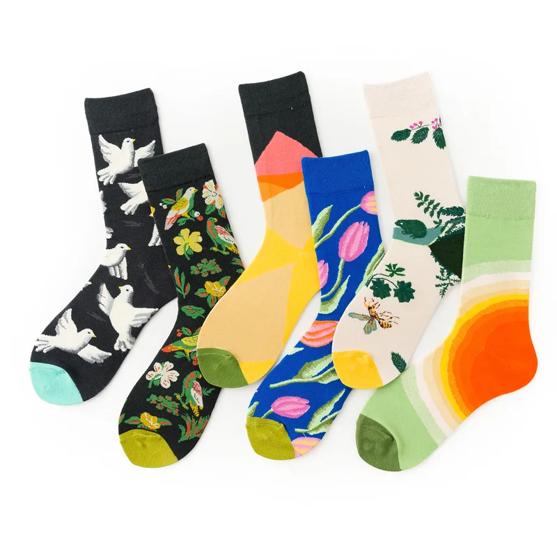 

6 Pairs Fashion Pigeon Graffiti Mens Socks Cotton Novelty with Flowers Birds Sketch Funny Socks for Lovers Very Cool 223
