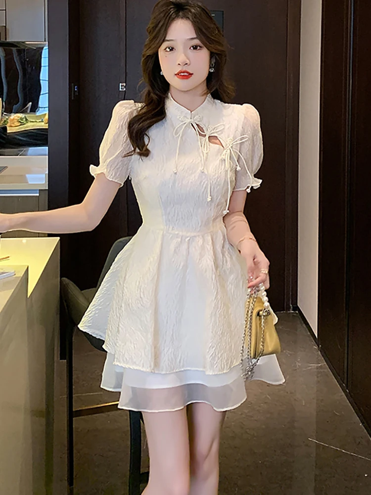 

2023 White Chic Bow Puff Sleeve Cheongsam Dress Women Fashion Beading Elegant Y2k Party Dress Summer Bodycon Ruffled Mini Dress