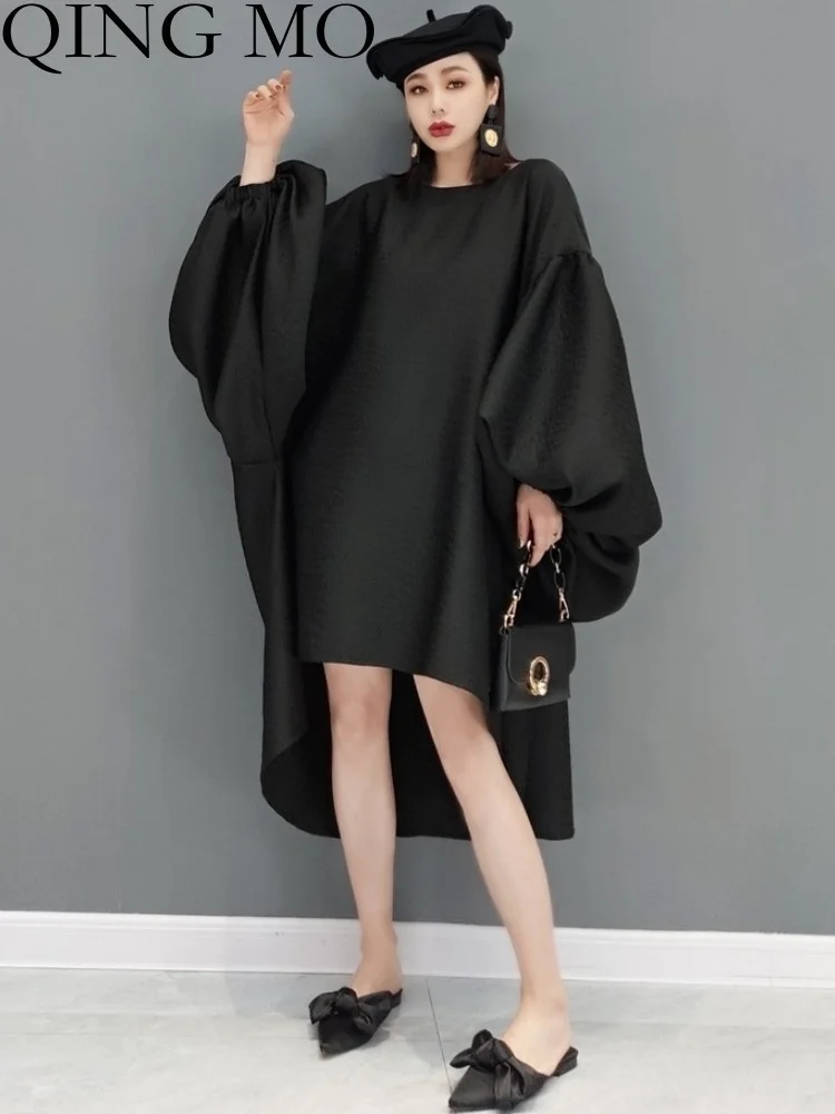 

QING MO 2023 Spring Autumn Round Neck Dress Loose Mid-length Solid Color Temperament Bat Sleeve Dress Black Women ZXF2246