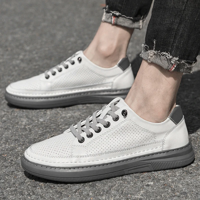 

Дышащая мужская обувь для скейтборда; Модные кожаные мужские кроссовки на шнуровке; Однотонная повседневная обувь; Обувь на плоской подошв...