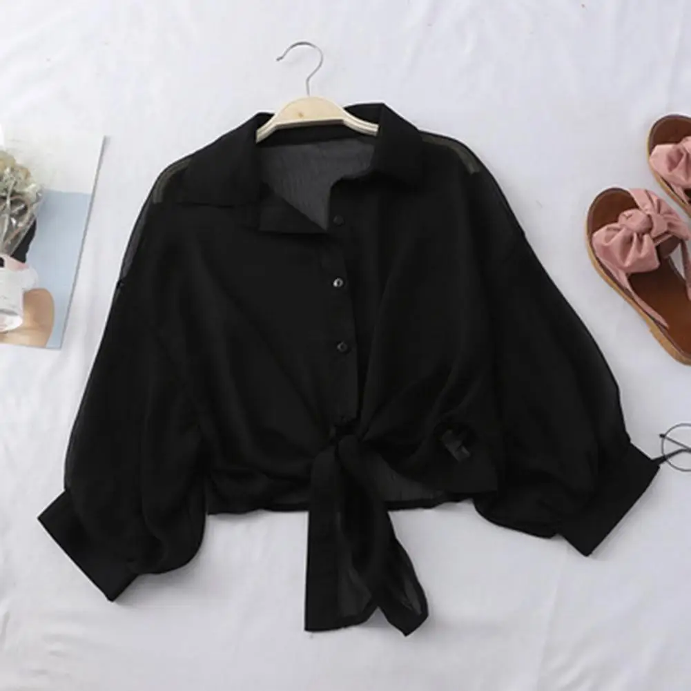 

Trendy Women Coat Tie Waist Summer Blouses Buttons Sun Protection Outdoor Shirt Sunscreen