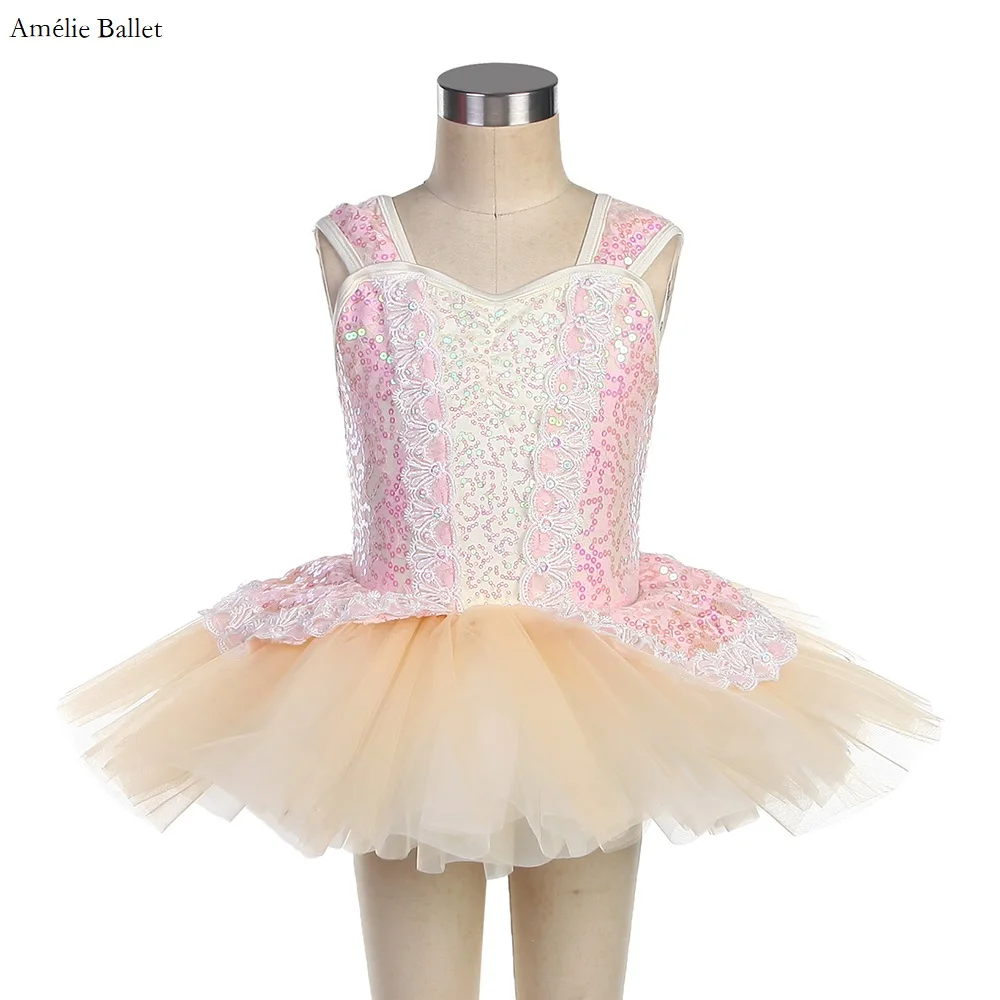 

23025 Pink Sequin Spandex Bodice with Ivory Puff Tulle Tutu Skirt Children's Ballet Costume Girls Stage Performance Dance Wear