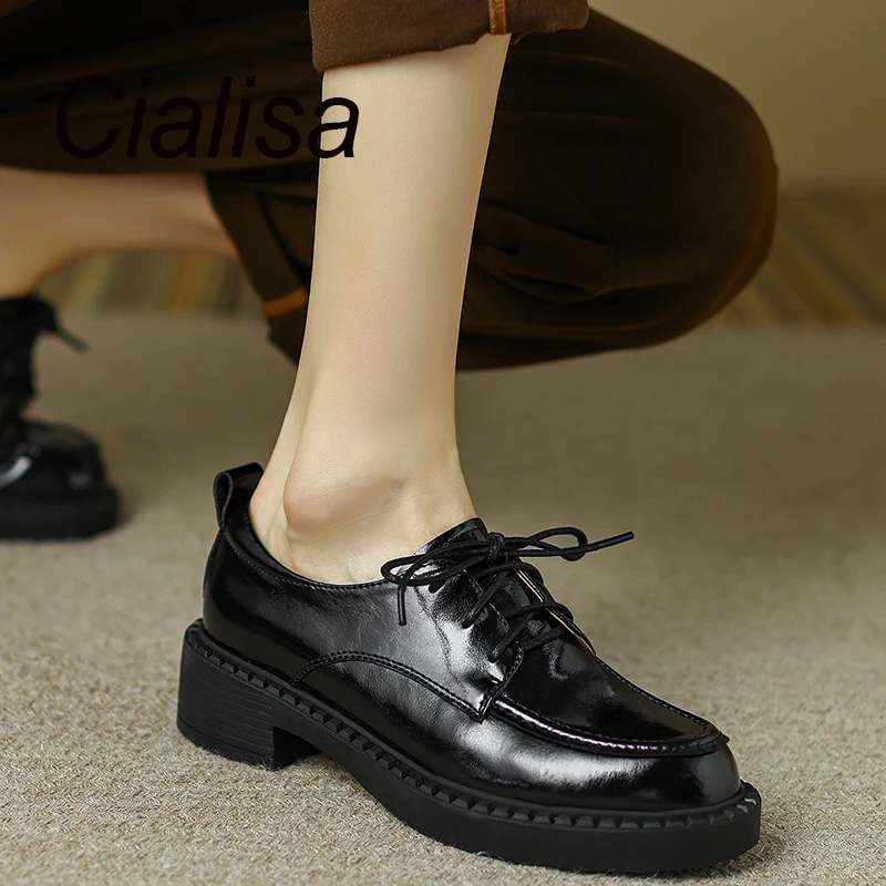 Cialisa Genuine Leather Shoes Women Platform Round Toe Autumn New Arrival Casual Handmade Chunky Heel Ladies Daily Loafers Black