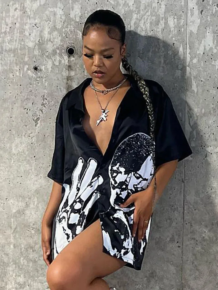 

Блузка женская с графическим принтом, свободная футболка с короткими рукавами, на пуговицах, винтажная модная одежда в уличном стиле, лето ...