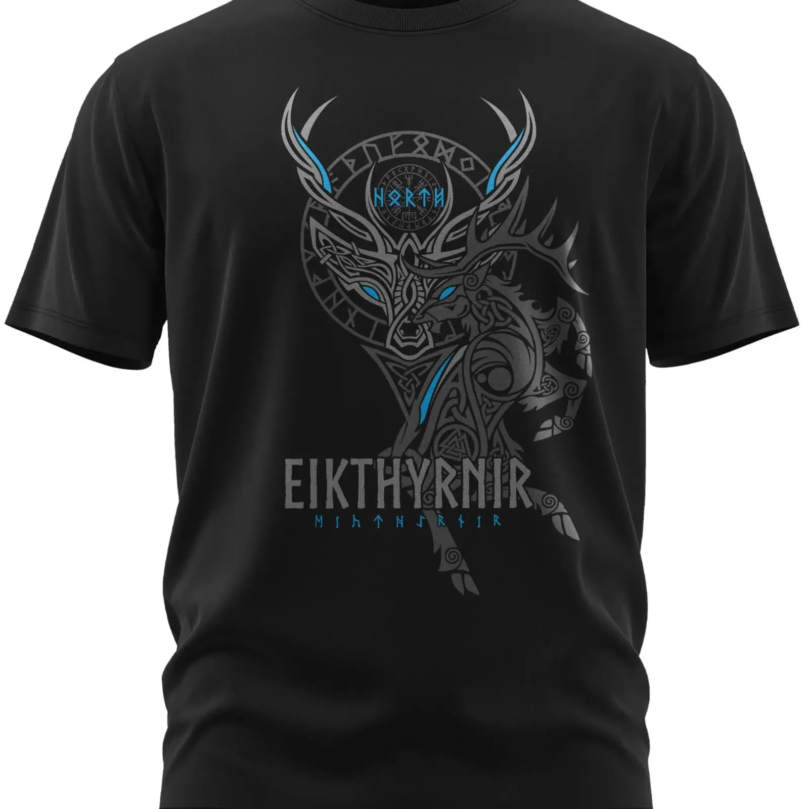 Фото Футболка North Legendary для мужчин с принтом оленя Эйктирнира и древа Игдрасиль, винтажная, с эффектом потертости, унисекс, эластичная, с изображением Вальхаллы викингов. №1