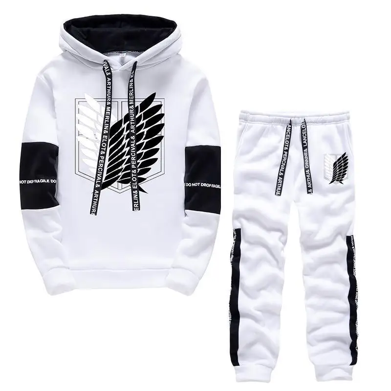 Autumn Winter Men Drawstring Print Tracksuit 2Piece Sets Long Sleeve Pullover Hooded Sweatshirt+Pants Suits Male Sports Clothing