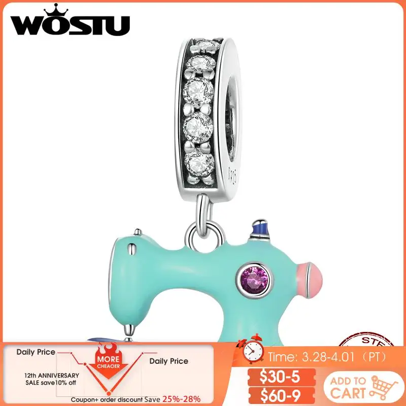 

WOSTU 925 Sterling Silver Family Jewelry Gift Mint green sewing machine Charms Fit Original Bracelets Bangle Jewelry Making