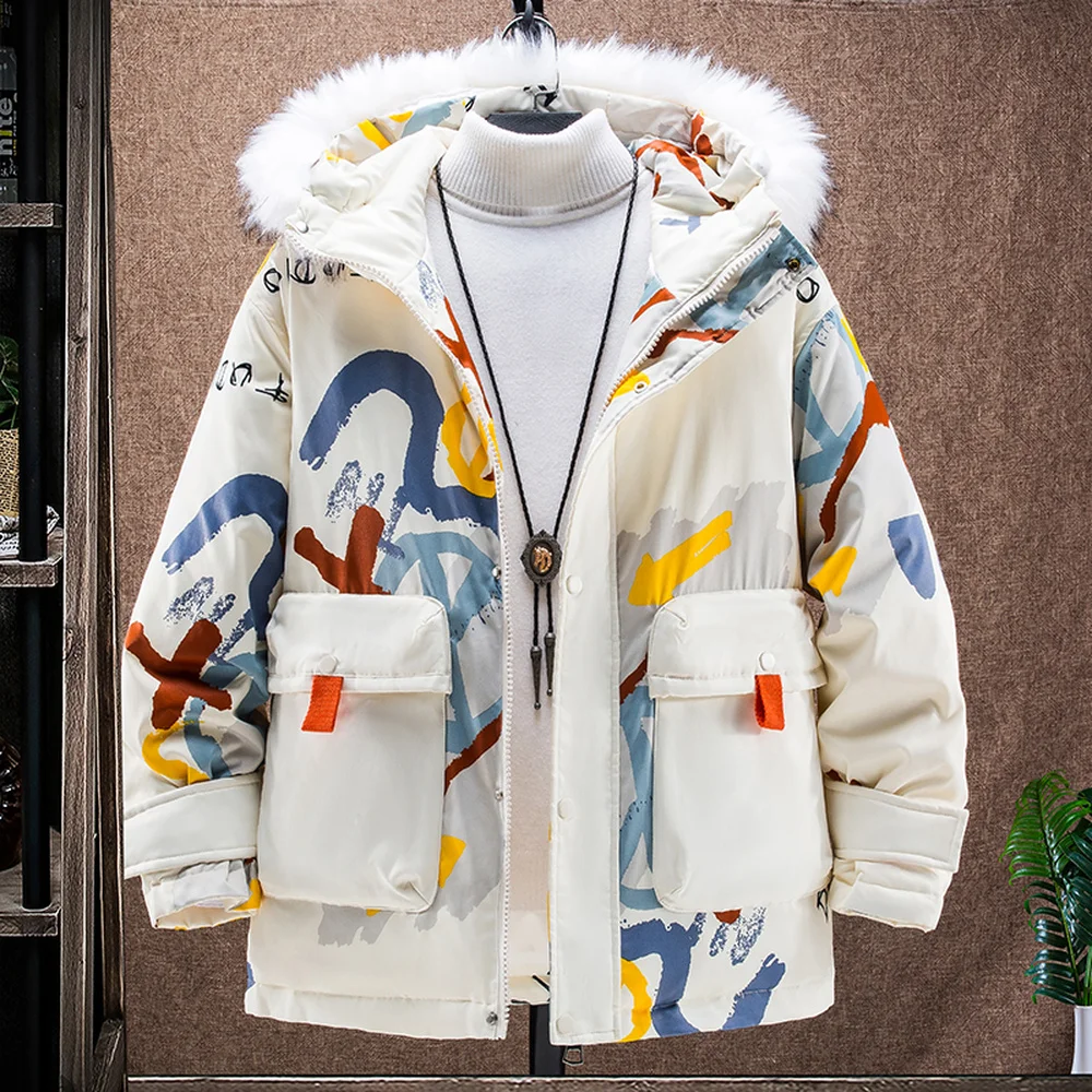 Graffiti Puffer Jacket Men Winter Thicken Warm Overcoat Jacket With Fur Collar Hip Hop Streetwear Jackets Men Fashion Clothing