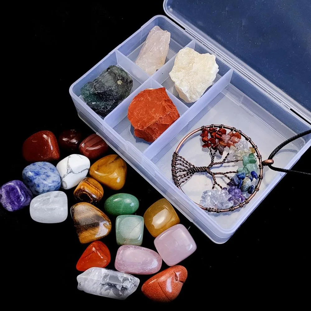 

Tree of Life Pendant Necklace Reiki Collection Box Irregular Shaped 7 Chakra Stone Set