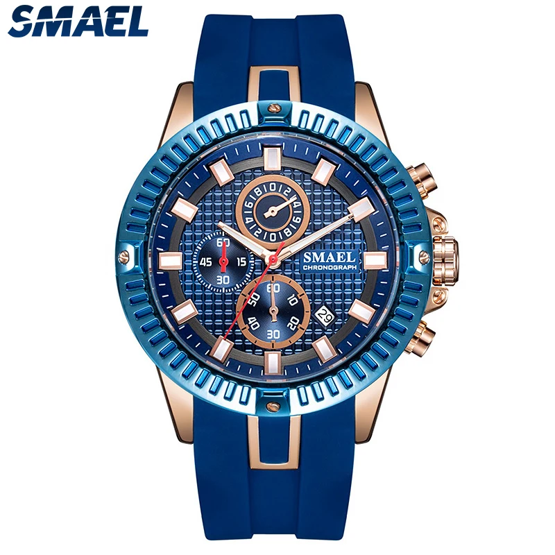 

SMAEL Luxury Quartz Watches For Men Blue Casual Chronograph Wristwatch With Silicone Strap Sport Clock Male 9088