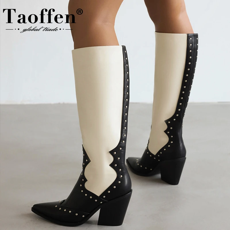 

Taoffen New 2023 Size 34-43 Women Knee Boots Mix Color Rivets Winter Woman Shoes Fashion Western Boots Ladies Club Footwear