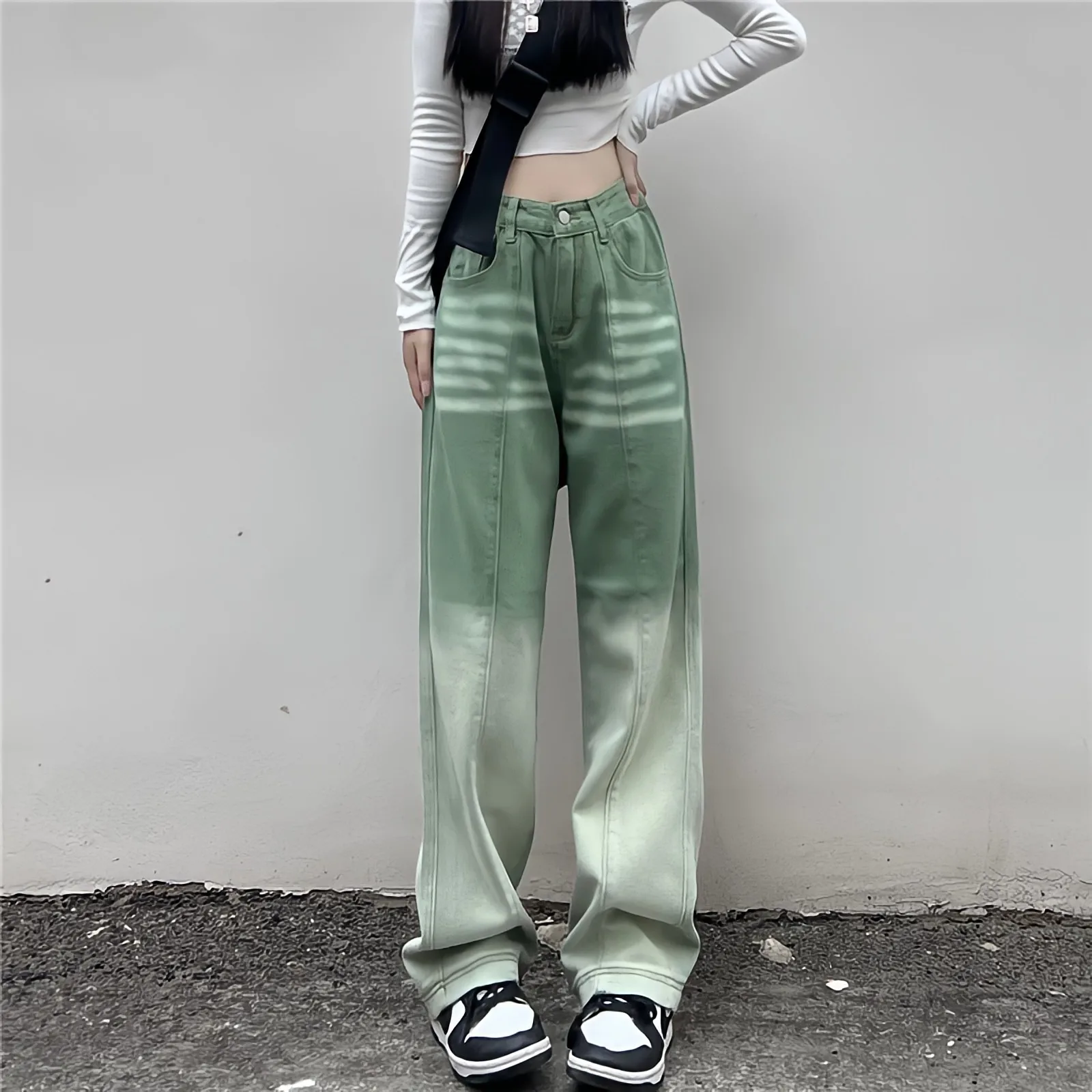 

Контрастные зеленые брюки с высокой талией, прямые широкие мешковатые джинсы в стиле Харадзюку, модная винтажная уличная одежда Y2k, женские повседневные брюки