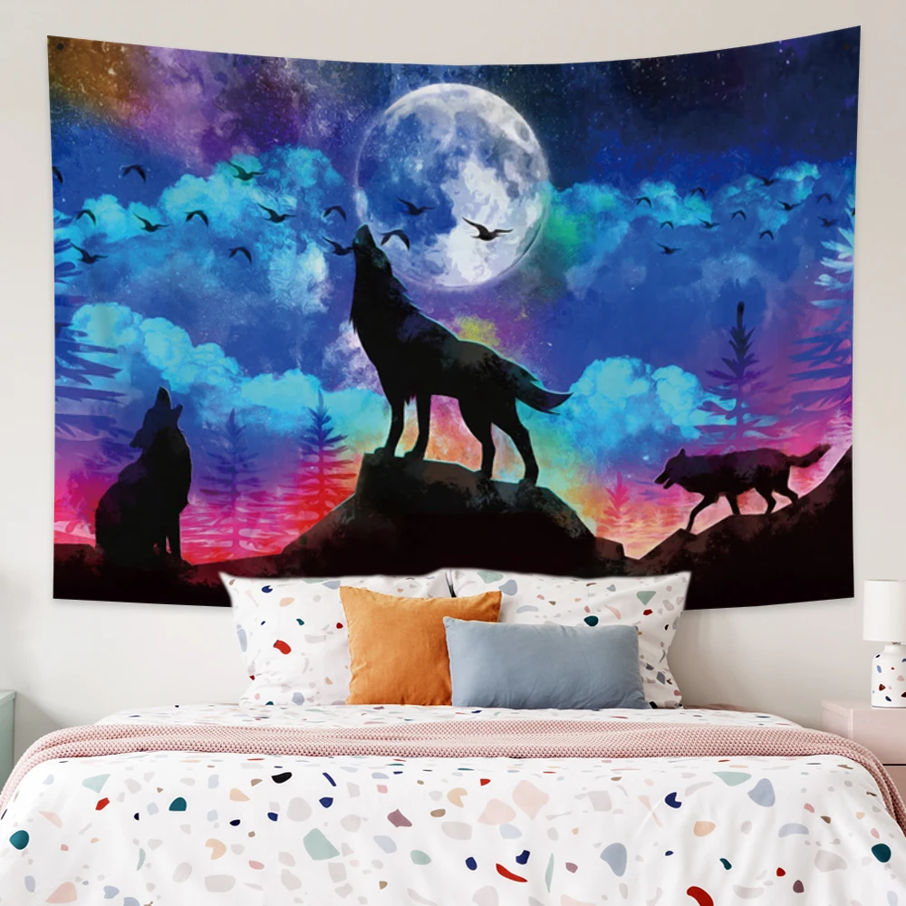 

Wolf Tapestry Wolves on Mountain Wall Hanging Full Moon in Starry Sky Psychedelic Aesthetic Background Yoga Kid Bedroom Blankets