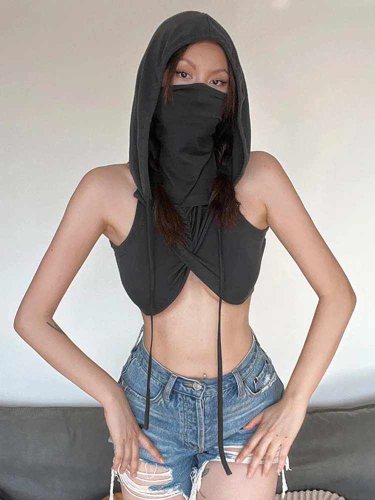 

Hooded Soild Silm Sexy Tanks For Women Clothes Streetwear Sleeveless Y2k Crop Tops Mouthpieces Short Crossover Design Hot Mujer