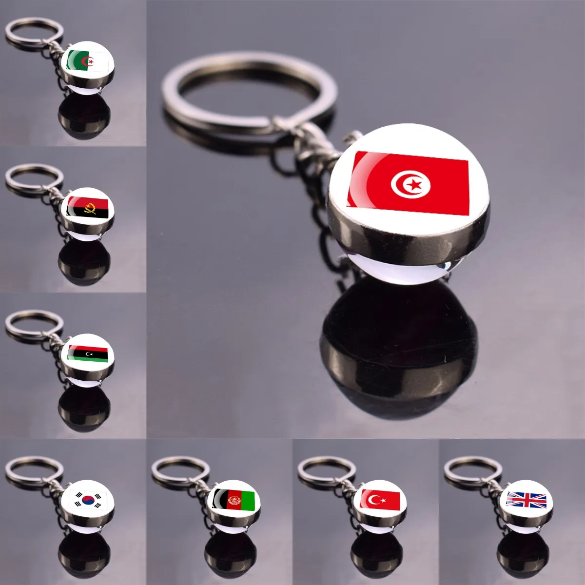 

National Flag Keychain Algeria Afghanistan Tunisia Turkey Flag Keyring Double Sided Glass Cabochon Small Pendant Fashion Jewelry
