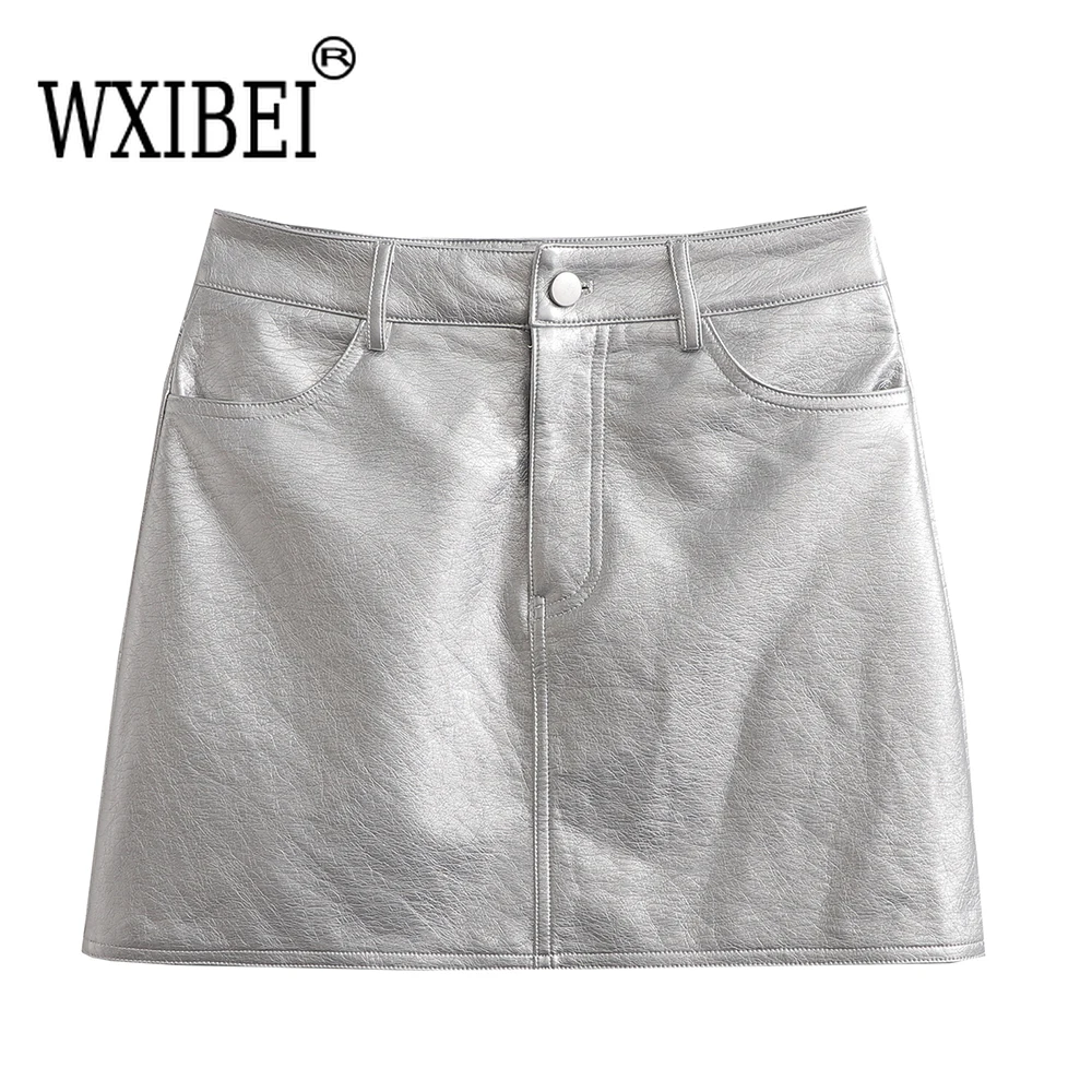 

WXIBEI Sexy Women's Fashion Front Pockets Faux Leather Silver Mini Skirt Vintage High Waist Zipper Fly Female Skirts Mujer FC857