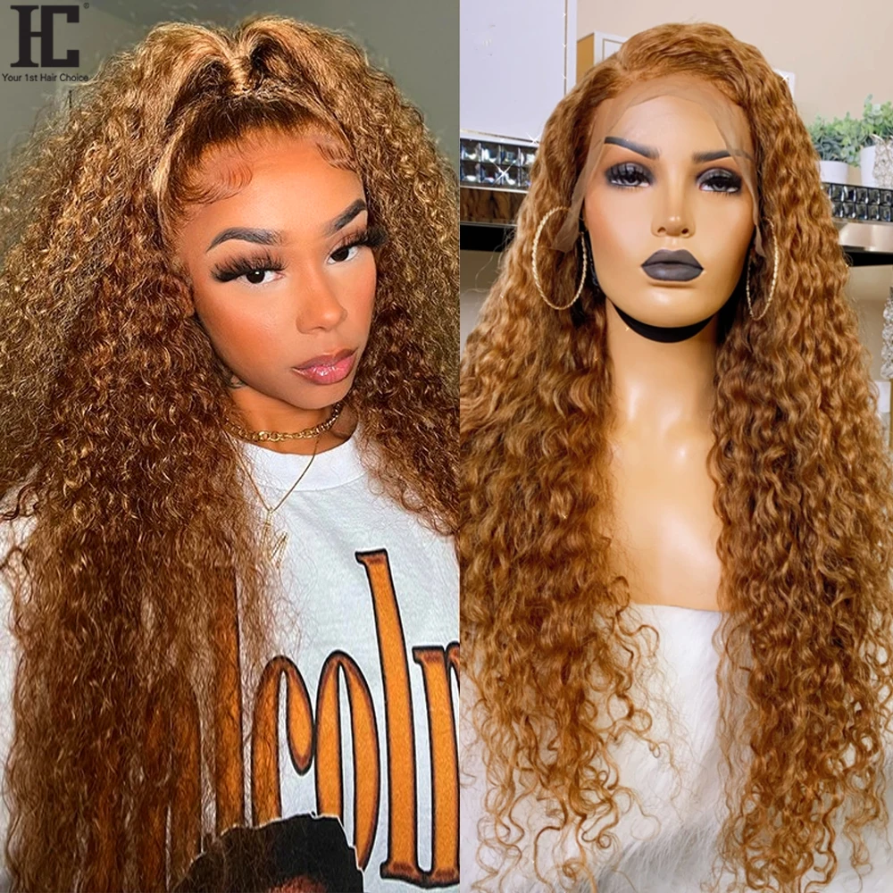 Honey Blonde 13x4 Lace Front Wig #27 Water Wave Deep Curly Lace Frontal Human Hair Wig 200% HD Transparent Wet And Wavy Lace Wig