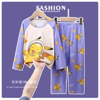 pikachu pokemon childrens pajamas set spring and autumn long sleeved thin cartoon girls boys girls air conditioning sleepwear