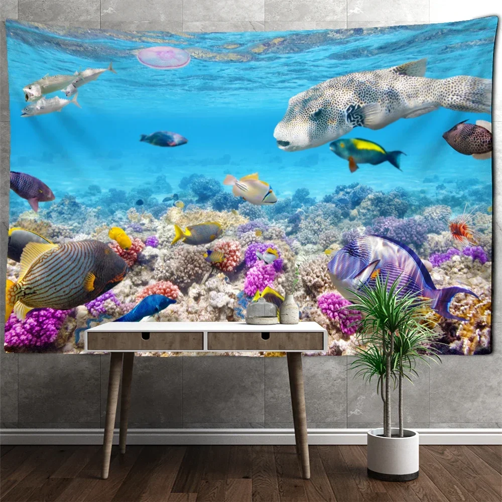 Гобелен с морскими рыбками и кораллами настенный комнатный декор в стиле бохо