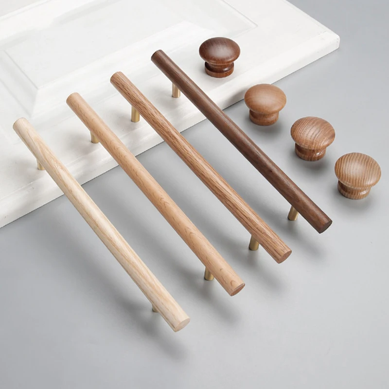 

Natural Walnut + Brass Furniture Handle Kitchen Cabinet Door Handles Drawer Pulls Wooden Long Handles for Furniture Hardware