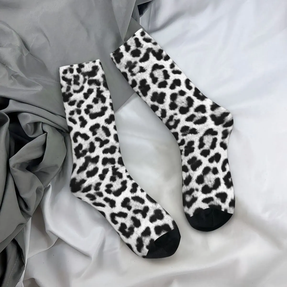 

Casual Black And White Leopard Print Soccer Socks Camo Polyester Crew Socks for Unisex Non-slip