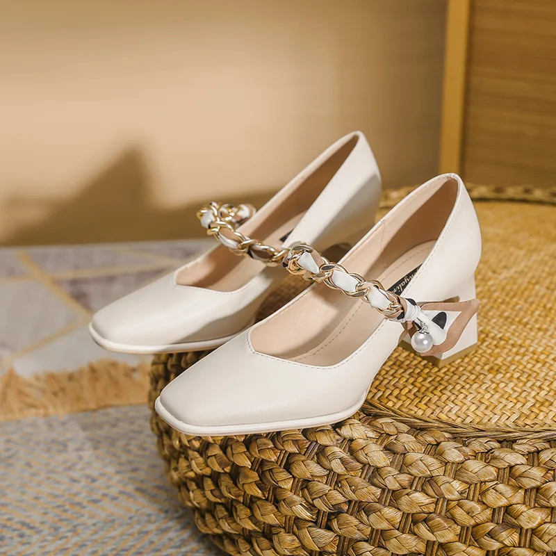 

High Heels Women's Shoes Apricot Summer Thick Heel Pearl Shoes Girls Square Toe Retro Mary Jane Shoes Women Shoes High Heel
