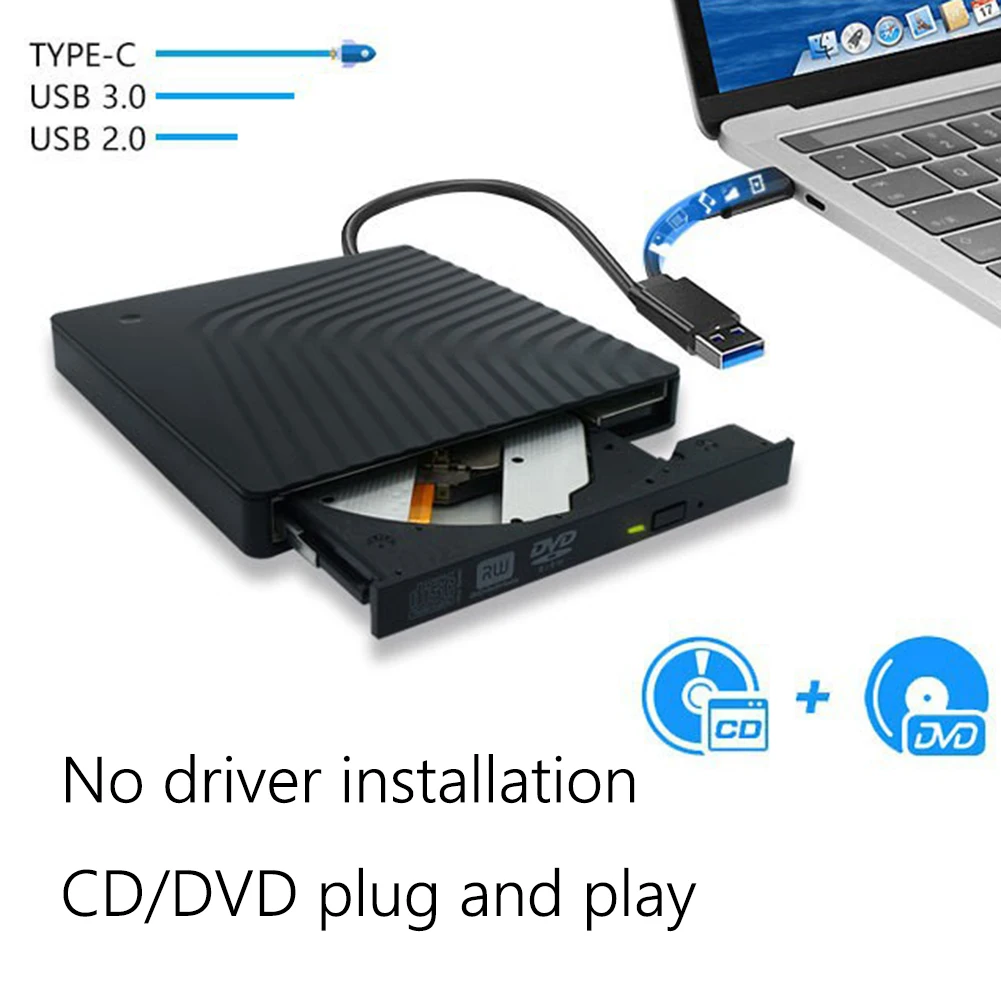 12.7mm DVD CD-ROM Player Enclosure USB3.0 Type-C DC 12V External DVD Enclosure Dual Ports Plug and Play for Windows/Mac OS/Linux