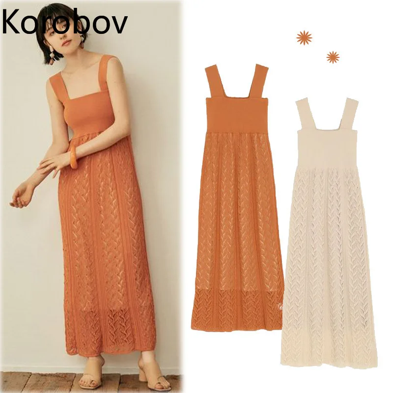 

Korobov Dresses For Women 2022 Square Collar Hook Flower Fresh Sweet Knitting Vestidos Japanese Woman Robe Wide Shoulder Straps