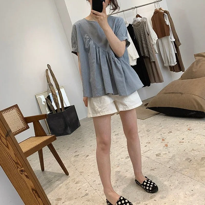 Рубашка из хлопка и льна женская летняя новая рубашка с рукавом до локтя топ рами