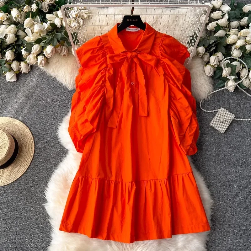 

Elegant Dresses for Women Autumn Bow Flounced Edge Loose Folds Spicy Girl Femme Pleated Vestido French Chic Woman Dress Dropship