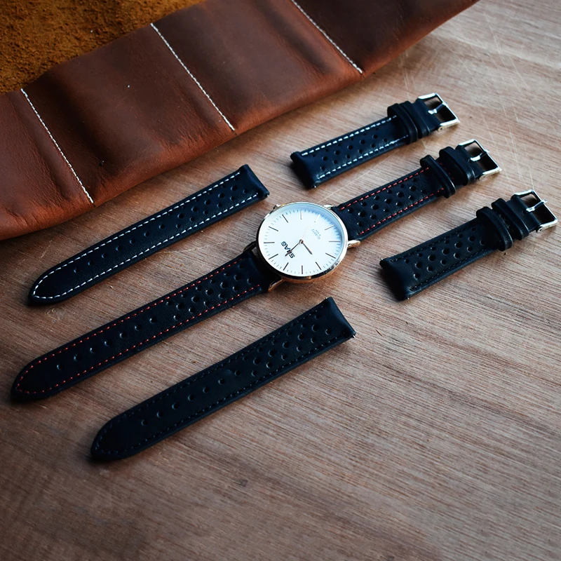 

High Quality Watch Band Genuine Leather Straps black with red/black/white Stitching 18mm 20mm 22mm 24mm watch Accessories