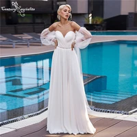 simple beach wedding dresses for women 2022 detachable sleeve high slit beaded chiffon sexy bridal gowns boho vestidos de noiva