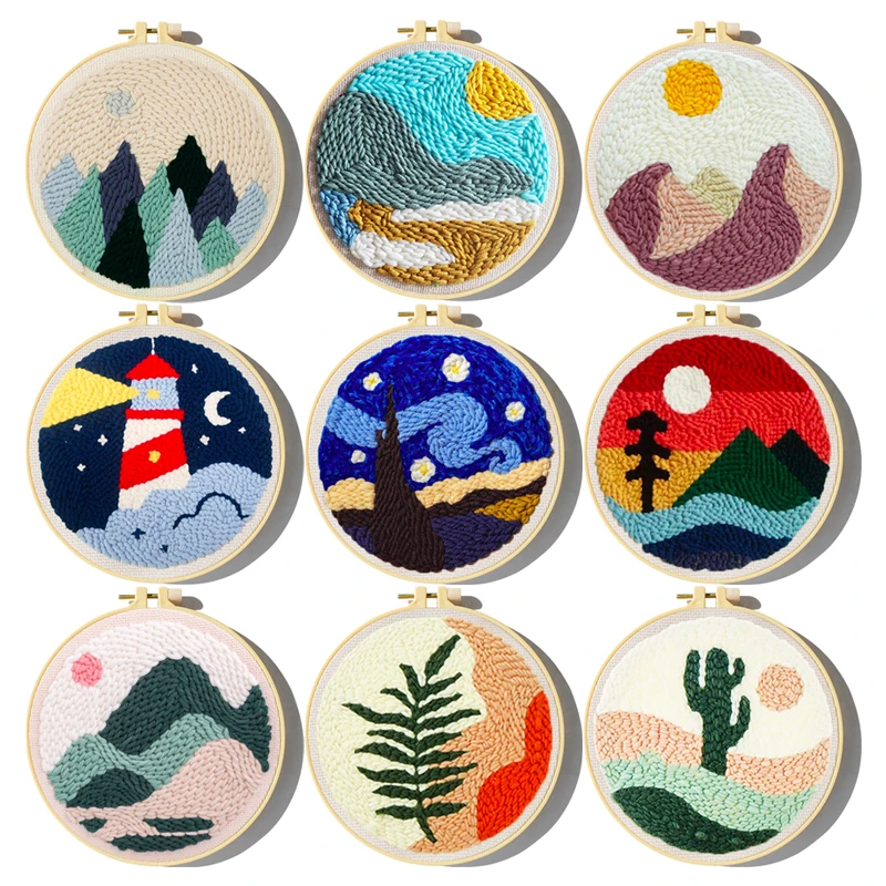 

Beautiful Scenery Punch Needle Starter Kits Soft Yarn Punch Needle Embroidery Kit Easy Embroidery Needlework Wool Home Decor