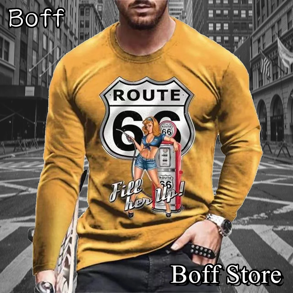 

Route 66 Printing T Shirts For Men Vintage Tee Top Long Sleeve Oversized Hip Hop Spring Retro Style T Shirts Clothing Camiseta