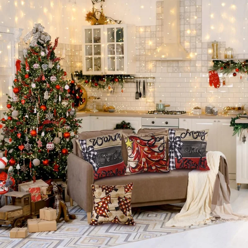 Красная рождественская елка наволочка с сеткой буйвола счастливый и яркий