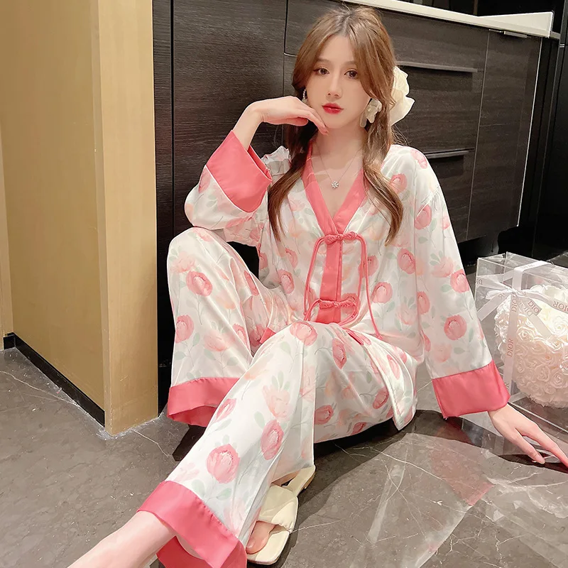 2023 Spring Ice Silk Pajamas Women's Long-Sleeved National Style Buckle Pajamas Suit High-Grade Internet Celebrity Homewear