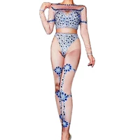 sparkly blue rhinestones nude women jumpsuits long sleeve leopard elastic bodysuits nightclub stage wear pole dancing costumes