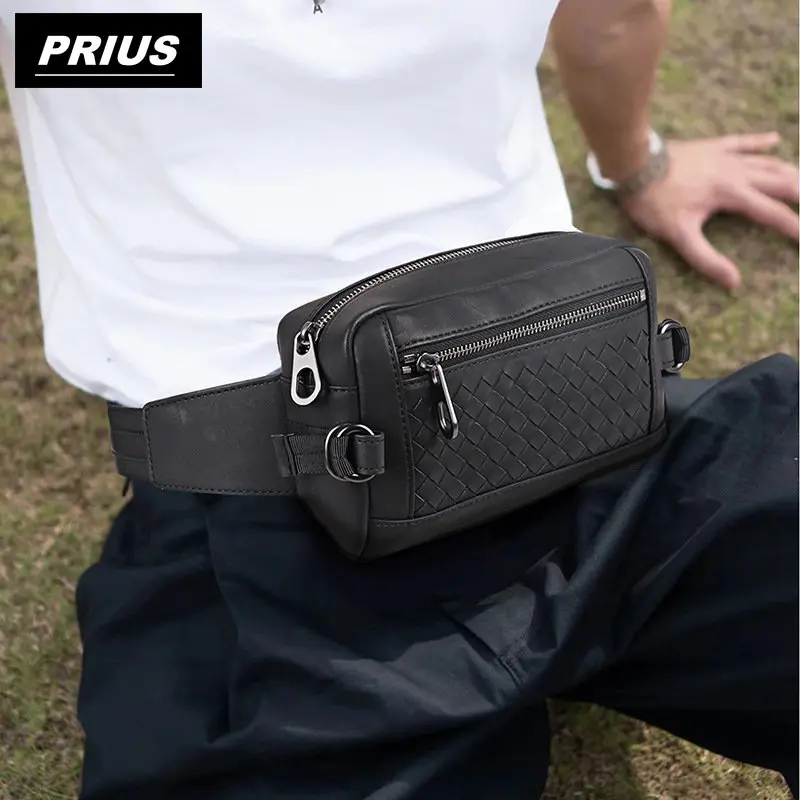 Men's leather waist bag luxury 100% cowhide woven bag men's travel sports bag men's belt bag multi-function