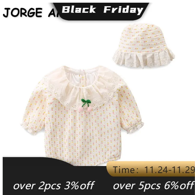 

Весенняя одежда для маленьких девочек, бежево-белый комбинезон с круглым вырезом и принтом вишни с шапочкой, Одежда для младенцев E2305