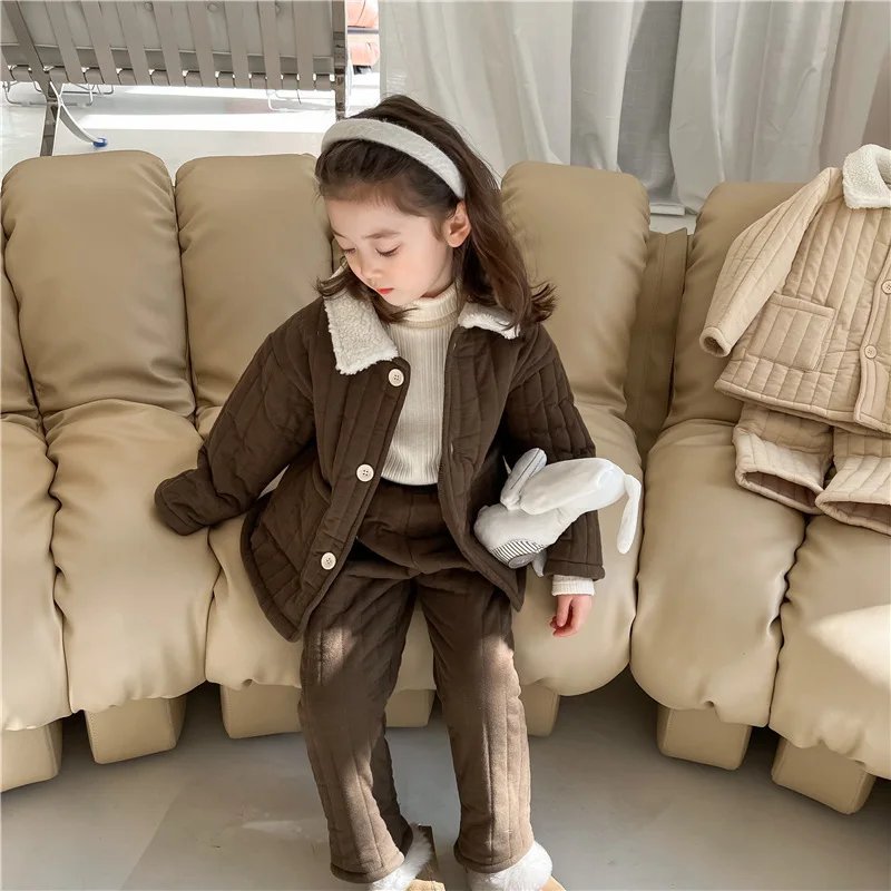 

Children Clothing 2022 Autumn Winter New Fashionable Korean Style Retro Lamb Wool Collar Homewear Set Sleepwear Pajama Set Kids