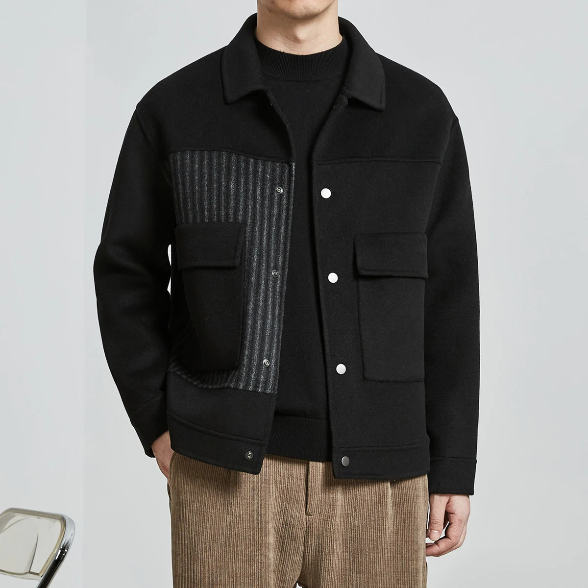 

Winter Men Double Side Wool Coat Personality Classical Patchwork Striped Gentlemen Lapel Black Simple Daily Loose Outwear
