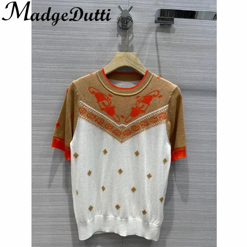 

2.2 MadgeDutti Contrast Color Argyle Plaid Jacquard Short Sleeve Wool Comfortable Knitted T-Shirt Women