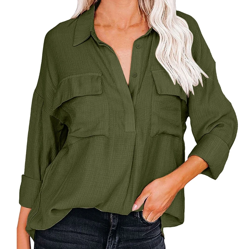 

Женская Свободная блузка с длинным рукавом, элегантная однобортная Повседневная офисная рубашка с воротником с лацканами и пуговицами на к...